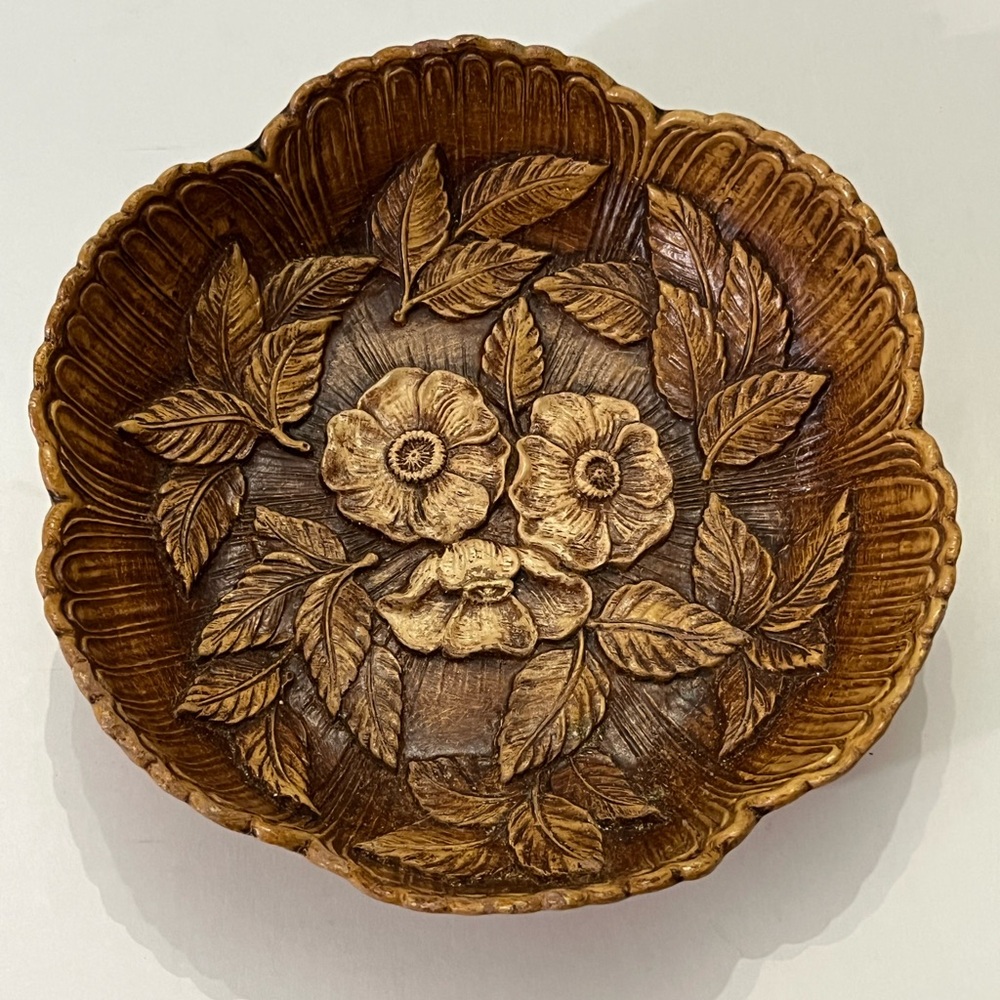 Vintage molded resin wood bowl, floral design hand carved look